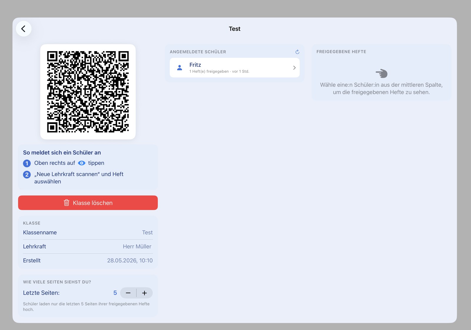 Klassen-Detailansicht mit QR-Code und angemeldeten Schüler:innen