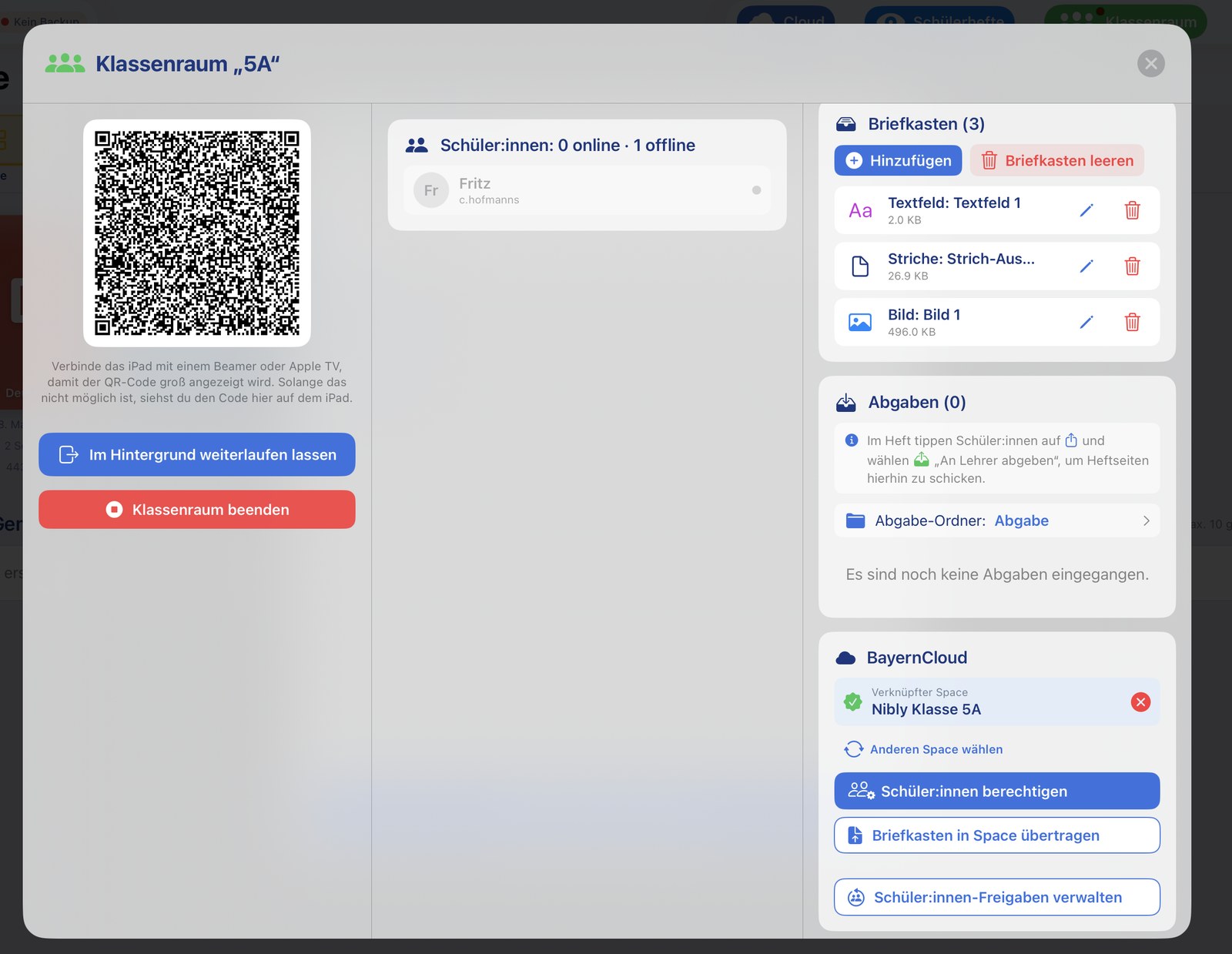 Classroom window with QR code, mailbox, submissions and BayernCloud connection