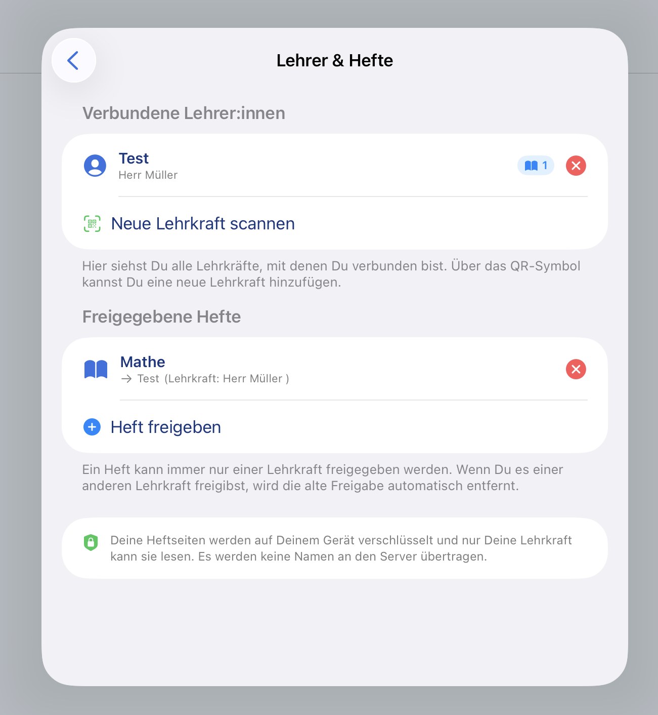 "Teachers & notebooks" view with connected teachers and shared notebooks